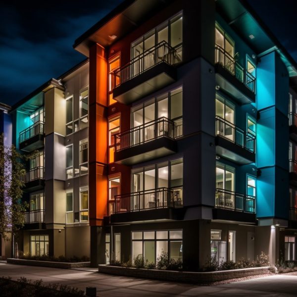 Modern skyscraper illuminates vibrant city street with glowing blue reflection generated by artificial intelligence