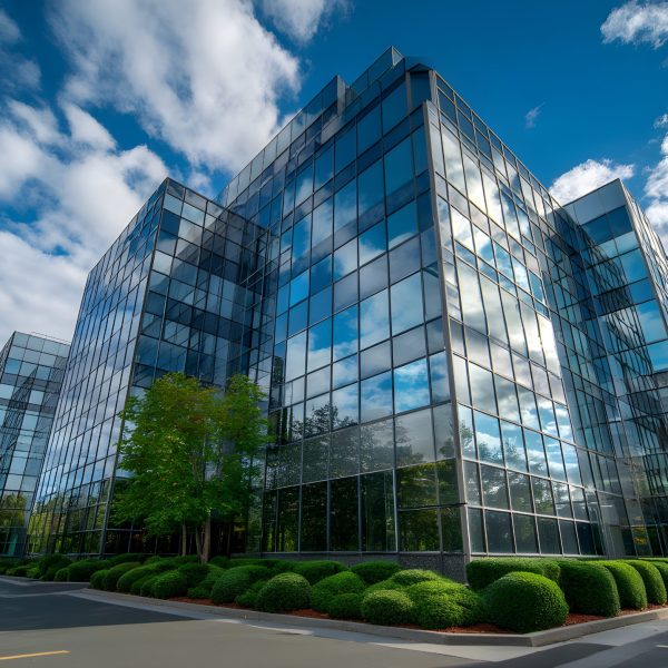 Contemporary office building features large glass windows reflecting clouds and surrounded by greenery, creating a harmonious blend of nature and modern architecture