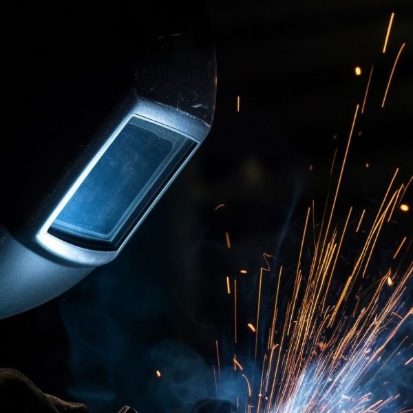 Skilled welder in protective mask working with steel in factory generated by artificial intelligence